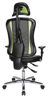 Rückansicht eines Gaming-Stuhls mit ergonomischem Design, schwarzem Rahmen und grüner Netzrückenlehne.