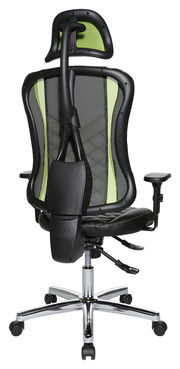 Rückansicht eines Gaming-Stuhls mit ergonomischem Design, schwarzem Rahmen und grüner Netzrückenlehne.