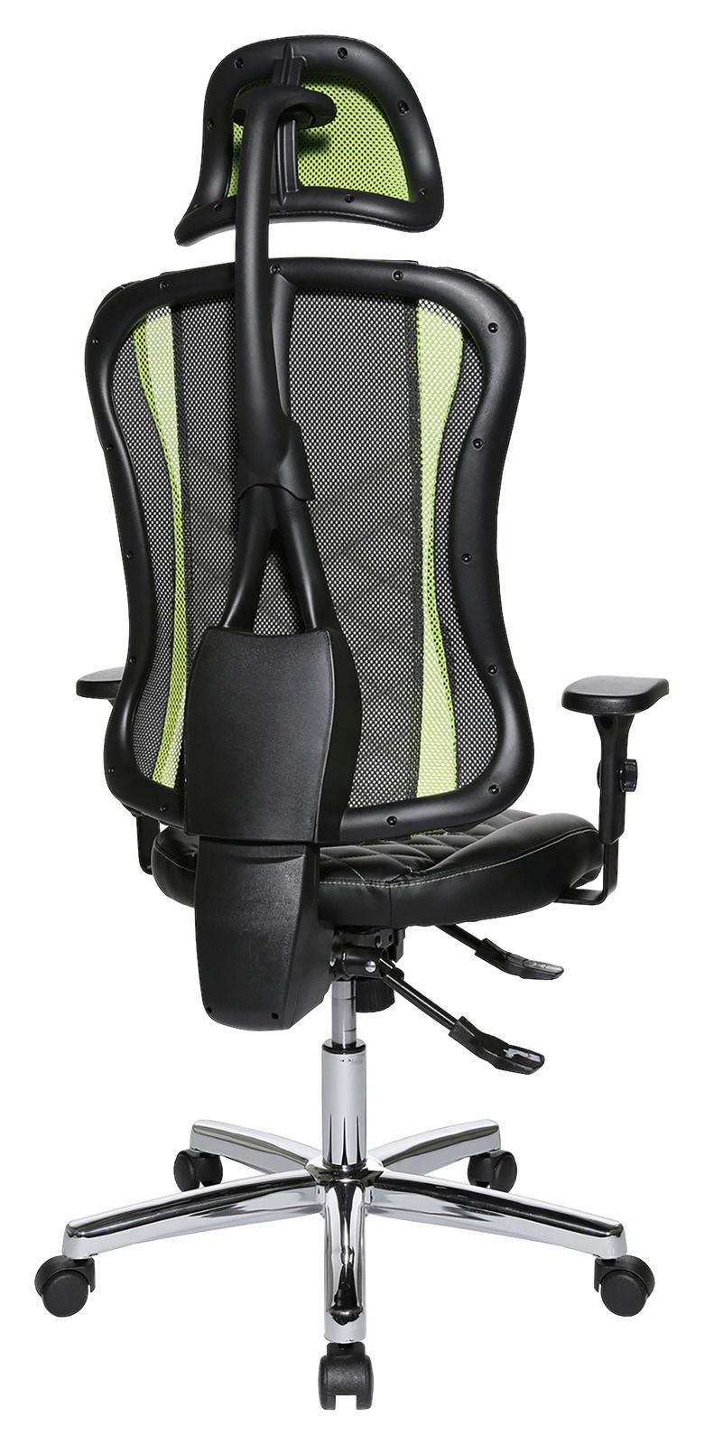 Rückansicht eines Gaming-Stuhls mit ergonomischem Design, schwarzem Rahmen und grüner Netzrückenlehne.