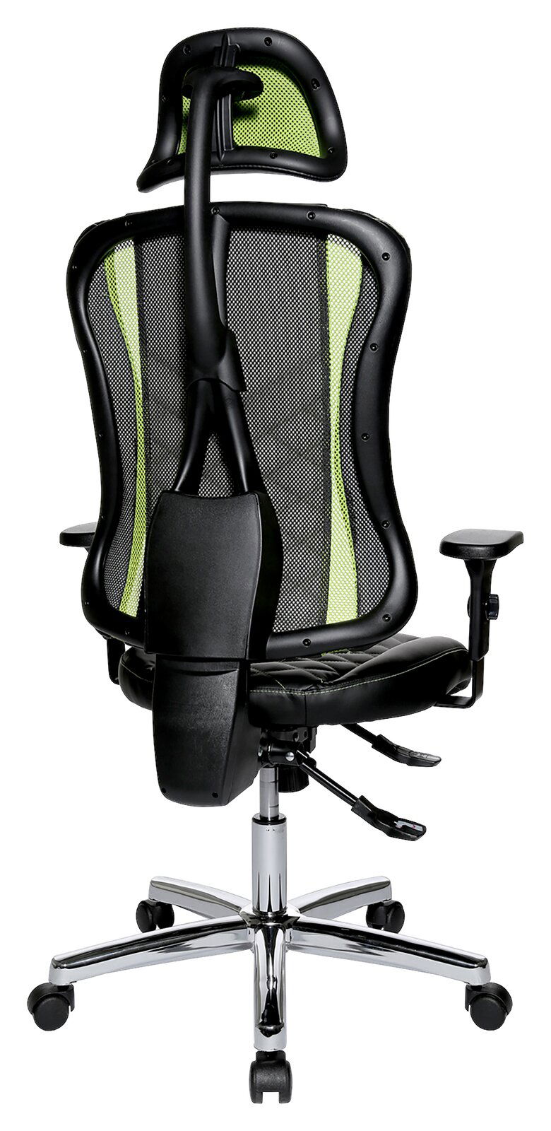 Rückansicht eines Gaming-Stuhls mit ergonomischem Design, schwarzem Rahmen und grüner Netzrückenlehne.