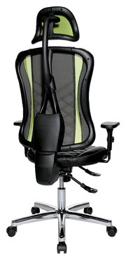 Rückansicht eines Gaming-Stuhls mit ergonomischem Design, schwarzem Rahmen und grüner Netzrückenlehne.