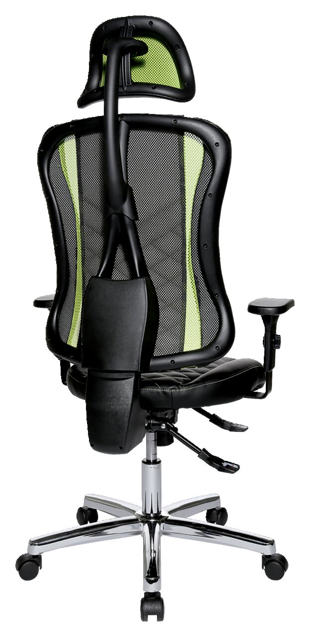 Rückansicht eines Gaming-Stuhls mit ergonomischem Design, schwarzem Rahmen und grüner Netzrückenlehne.