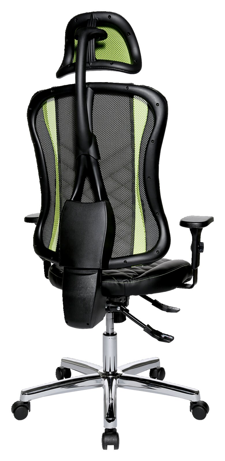 Achterkant van een gamingstoel met een ergonomisch ontwerp, een zwart frame en een groene rugleuning van gaas.