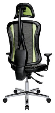 Rückansicht eines Gaming-Stuhls mit ergonomischem Design, schwarzem Rahmen und grüner Netzrückenlehne.
