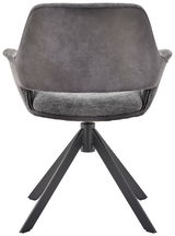 Rückansicht eines modernen Sessels mit grauem Stoffbezug und schwarzem Metallgestell.