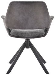 Rückansicht eines modernen Sessels mit grauem Stoffbezug und schwarzem Metallgestell.