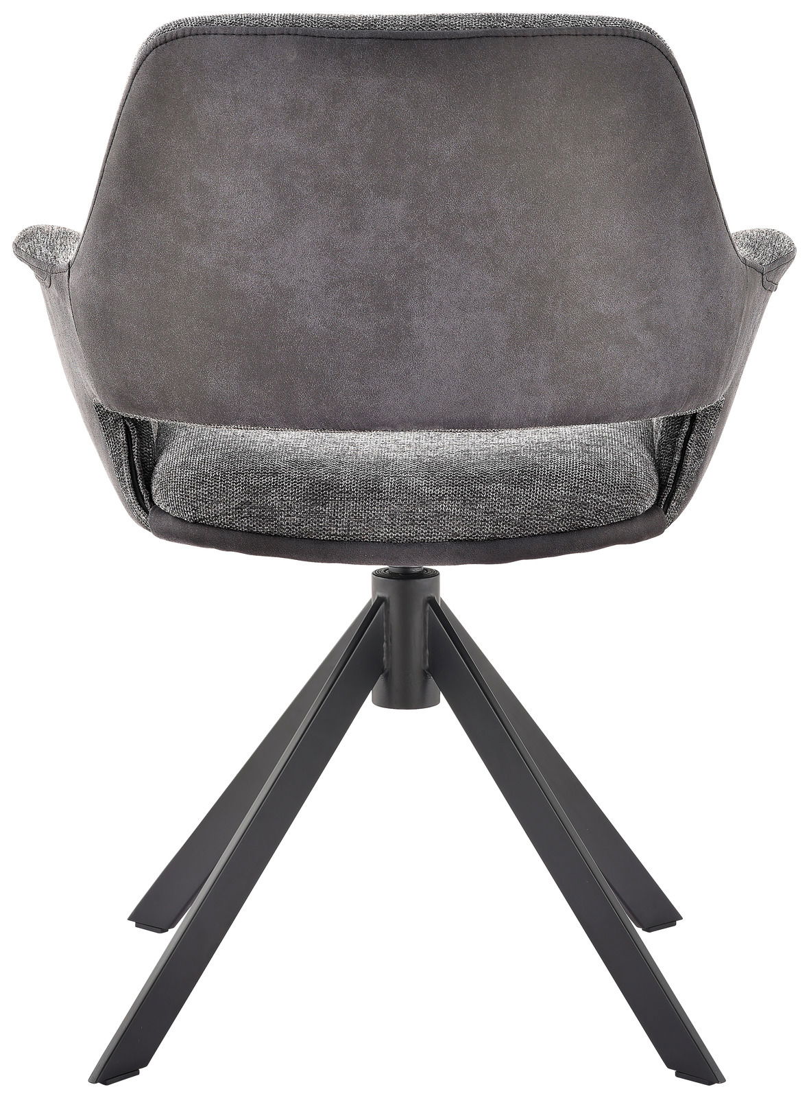 Rückansicht eines modernen Sessels mit grauem Stoffbezug und schwarzem Metallgestell.