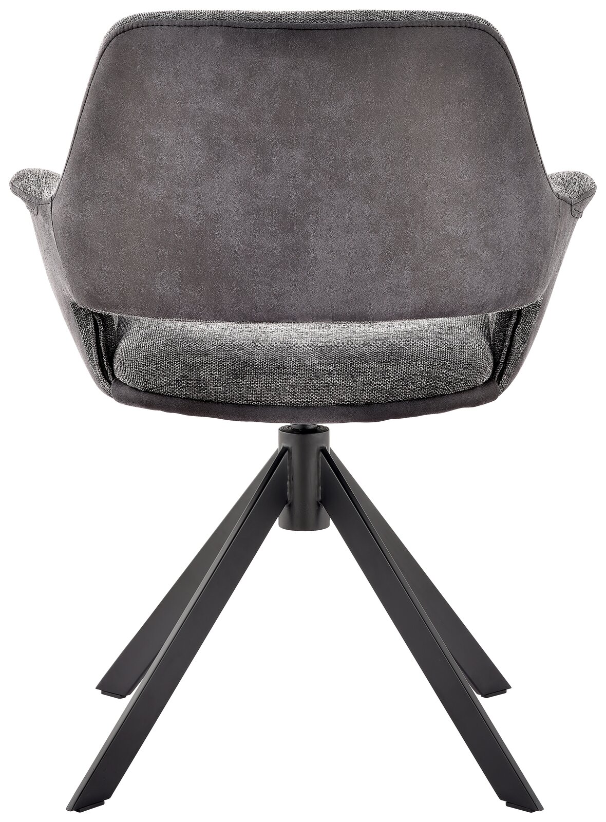 Rückansicht eines modernen Sessels mit grauem Stoffbezug und schwarzem Metallgestell.