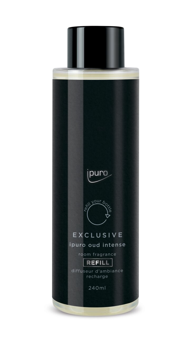 Fles met zwart etiket, ipuro Exclusive oud intense kamerparfum navulling, 240 ml, vooraanzicht