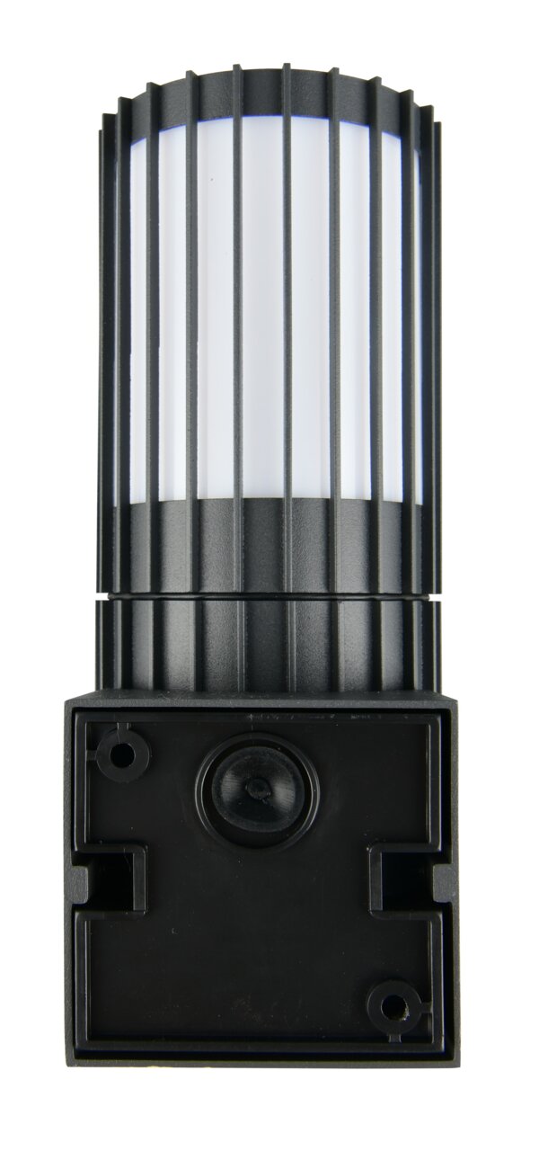 Moderne Aussenwandleuchte in vertikaler Perspektive mit schwarzem Gitterdesign und weißem Lichtdiffusor.