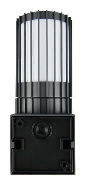 Moderne Aussenwandleuchte in vertikaler Perspektive mit schwarzem Gitterdesign und weißem Lichtdiffusor.