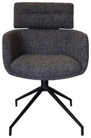 Grauer Armlehnstuhl mit gepolsterter Rückenlehne und schwarzem Metallgestell, Frontalansicht