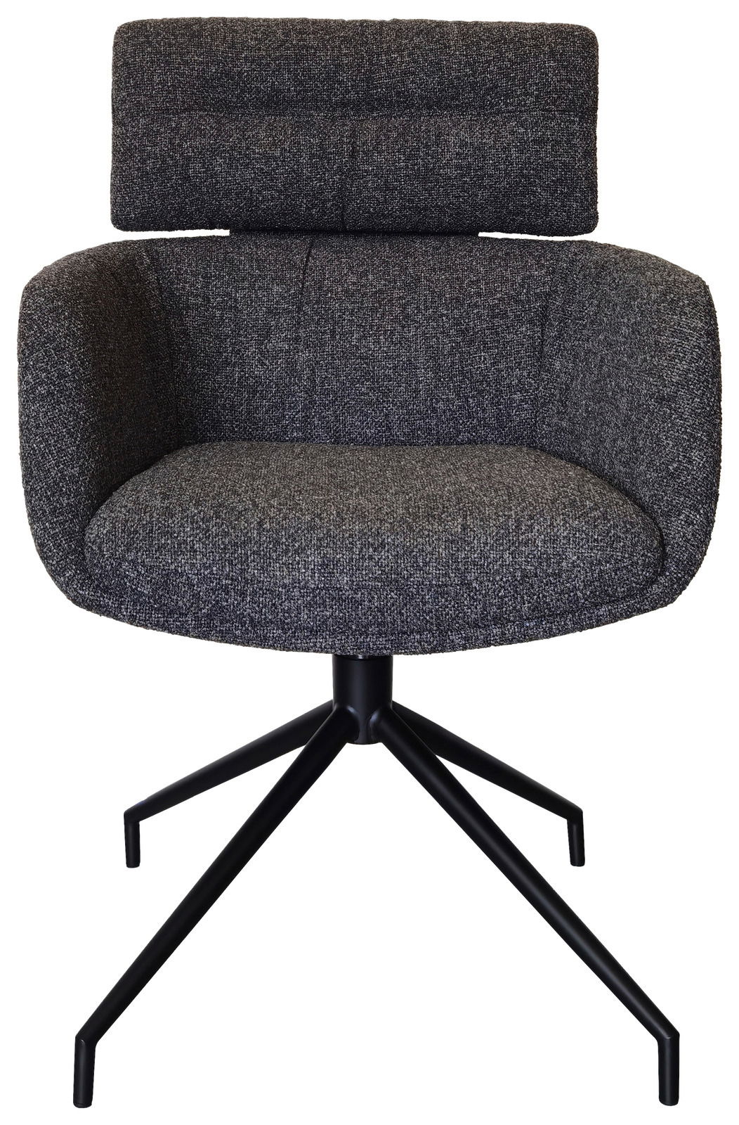 Grauer Armlehnstuhl mit gepolsterter Rückenlehne und schwarzem Metallgestell, Frontalansicht