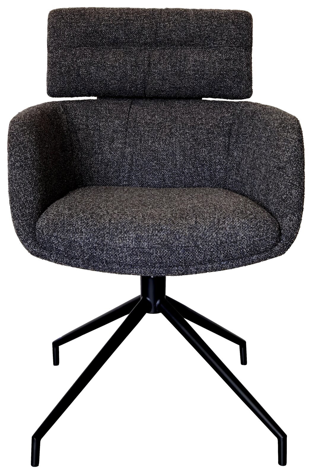 Grauer Armlehnstuhl mit gepolsterter Rückenlehne und schwarzem Metallgestell, Frontalansicht