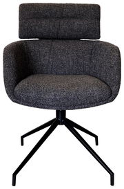 Grauer Armlehnstuhl mit gepolsterter Rückenlehne und schwarzem Metallgestell, Frontalansicht