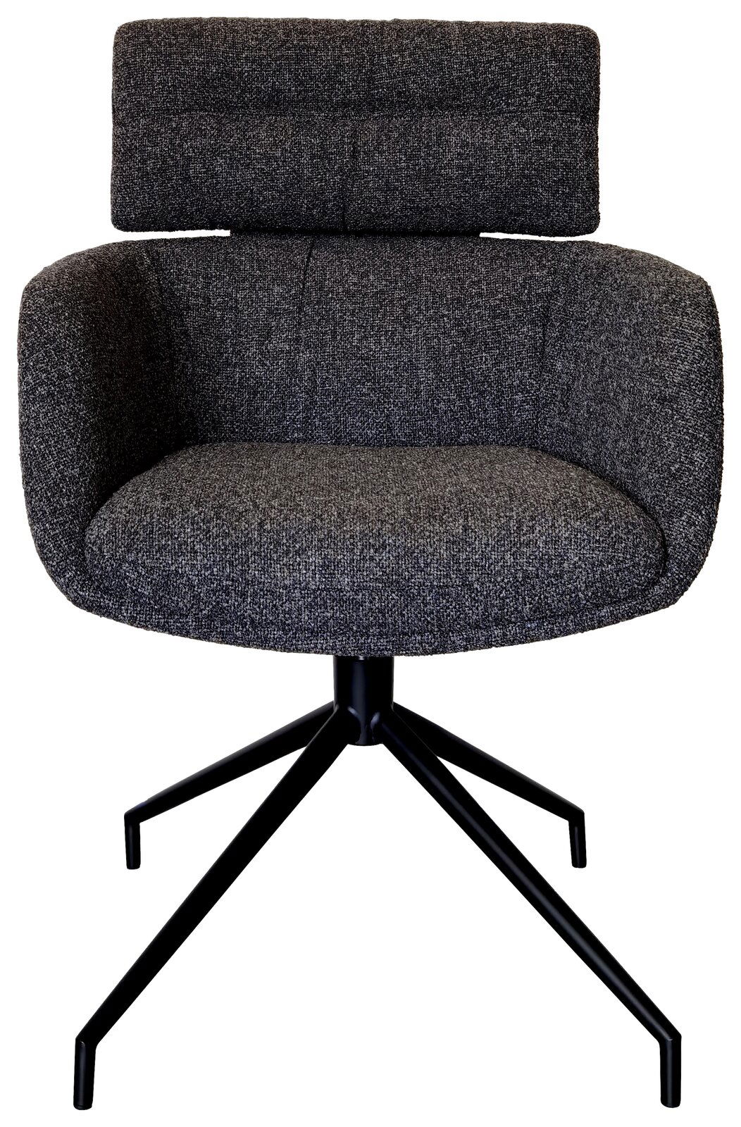 Grauer Armlehnstuhl mit gepolsterter Rückenlehne und schwarzem Metallgestell, Frontalansicht