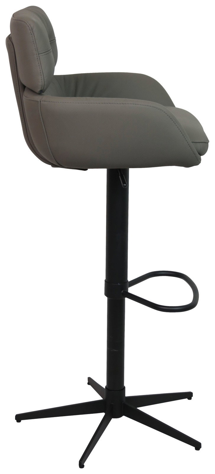 Seitenansicht eines modernen Barhockers mit gepolstertem Sitz und Rückenlehne in Grau, schwarzem Metallgestell und Fußstütze.