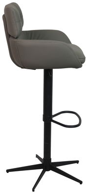 Seitenansicht eines modernen Barhockers mit gepolstertem Sitz und Rückenlehne in Grau, schwarzem Metallgestell und Fußstütze.
