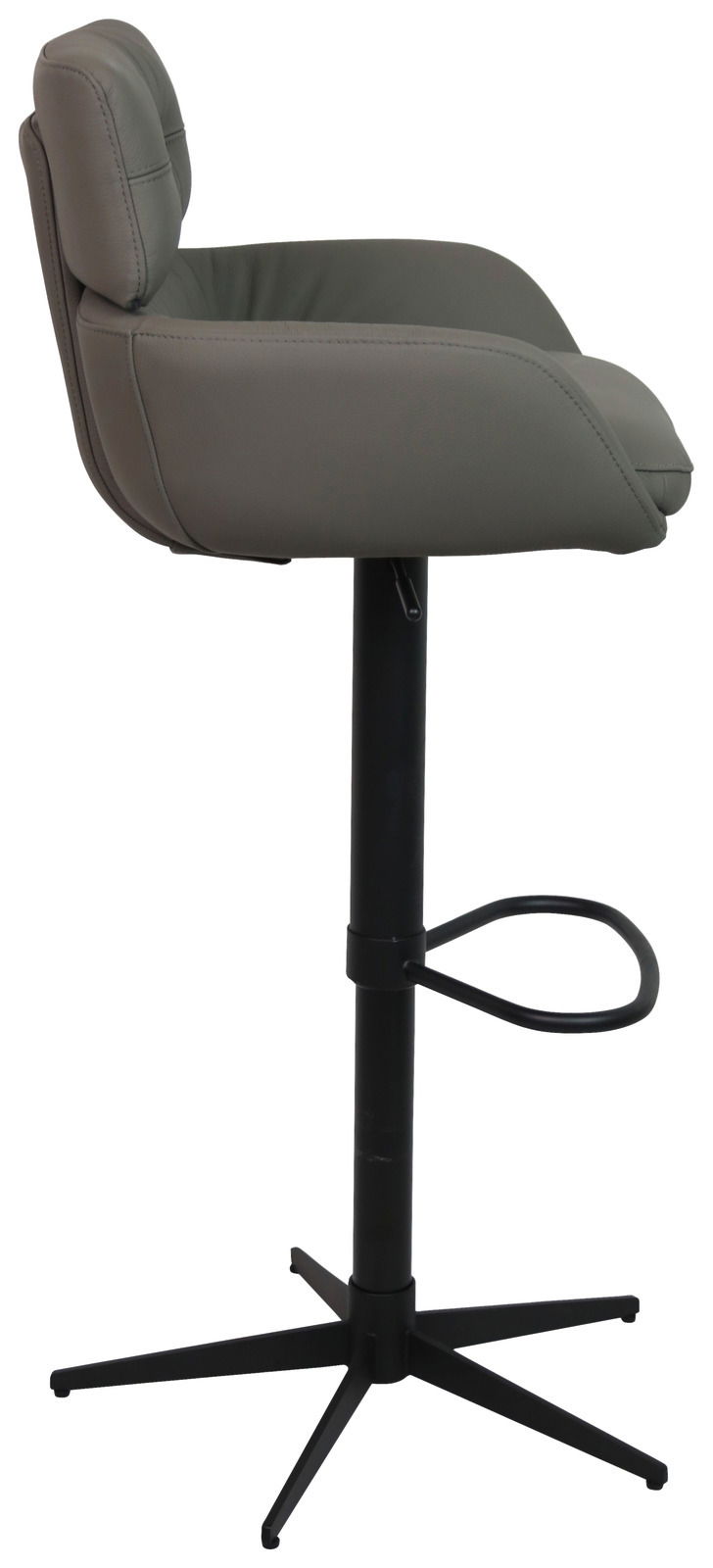 Seitenansicht eines modernen Barhockers mit gepolstertem Sitz und Rückenlehne in Grau, schwarzem Metallgestell und Fußstütze.