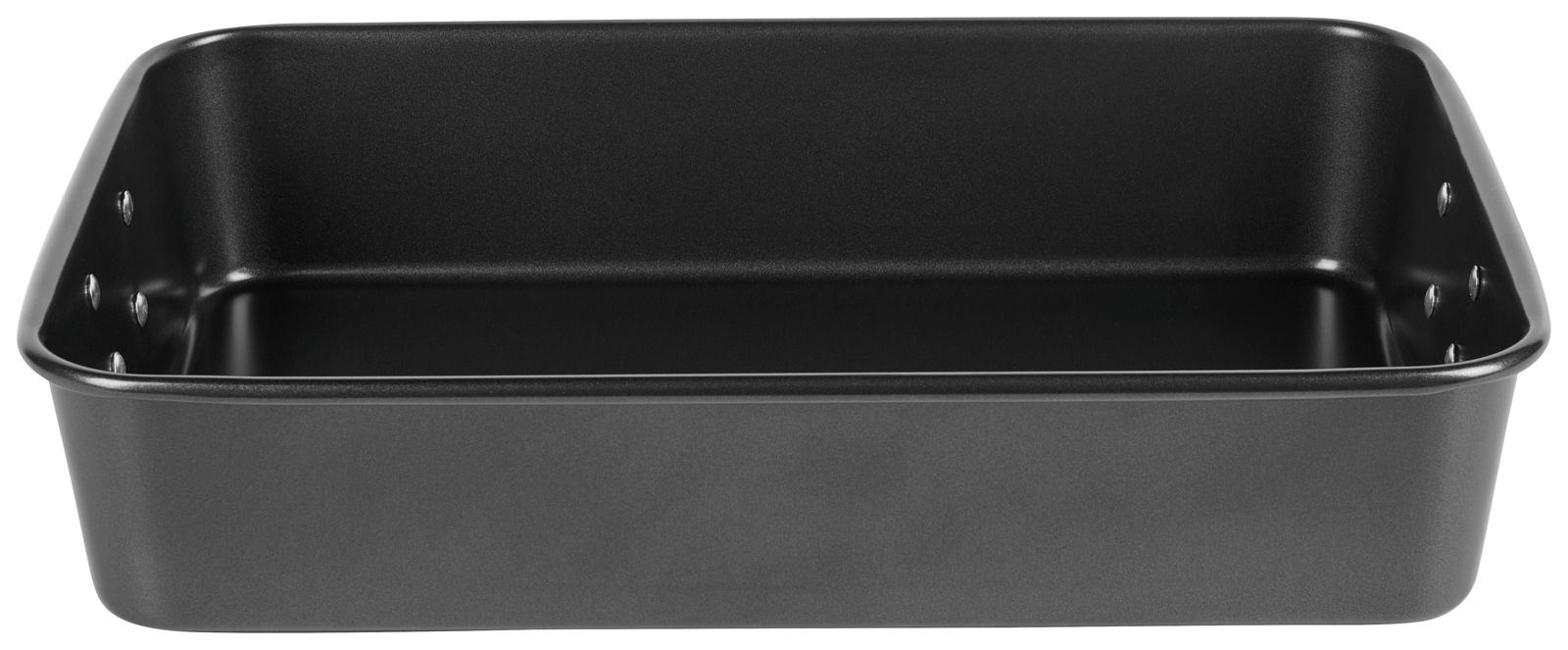 Schwarzer Bräter aus Metall, rechteckig, in Frontalansicht