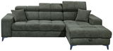 Grünes Ecksofa mit zwei Kissen, Ansicht von vorne