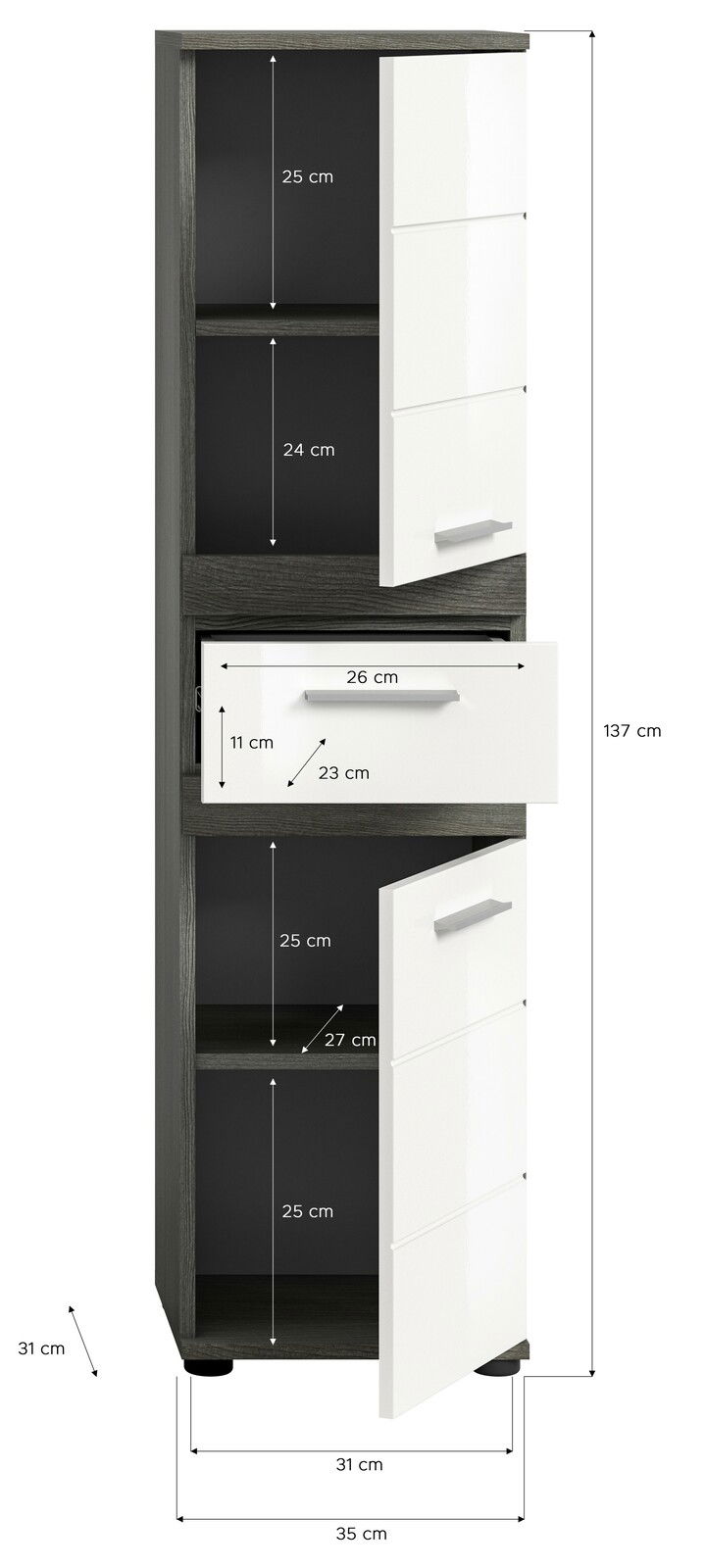 Standschrank mit weißer Front und dunklem Korpus, Ansicht von vorne, mit offenen Türen und Schublade, Maße: 137 cm hoch, 35 cm tief, 31 cm breit.