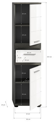 Standschrank mit weißer Front und dunklem Korpus, Ansicht von vorne, mit offenen Türen und Schublade, Maße: 137 cm hoch, 35 cm tief, 31 cm breit.