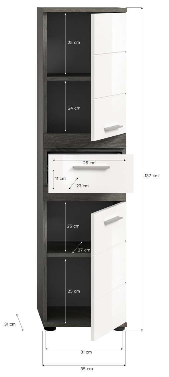Standschrank mit weißer Front und dunklem Korpus, Ansicht von vorne, mit offenen Türen und Schublade, Maße: 137 cm hoch, 35 cm tief, 31 cm breit.