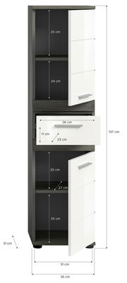 Standschrank mit weißer Front und dunklem Korpus, Ansicht von vorne, mit offenen Türen und Schublade, Maße: 137 cm hoch, 35 cm tief, 31 cm breit.