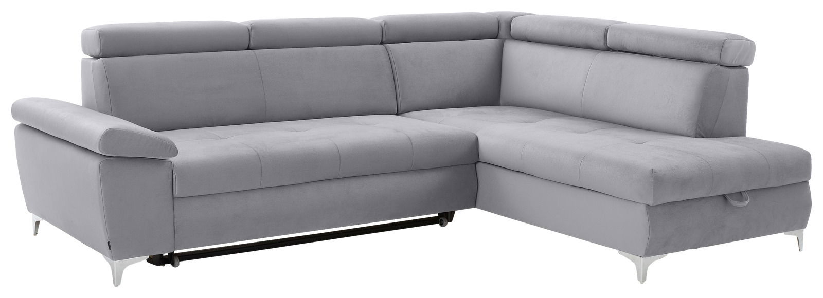 Graues Ecksofa mit verstellbaren Kopfstützen, Ansicht von vorne links.