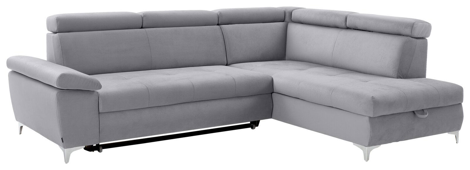 Graues Ecksofa mit verstellbaren Kopfstützen, Ansicht von vorne links.