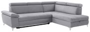 Graues Ecksofa mit verstellbaren Kopfstützen, Ansicht von vorne links.