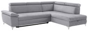 Graues Ecksofa mit verstellbaren Kopfstützen, Ansicht von vorne links.