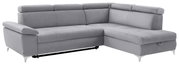 Graues Ecksofa mit verstellbaren Kopfstützen, Ansicht von vorne links.