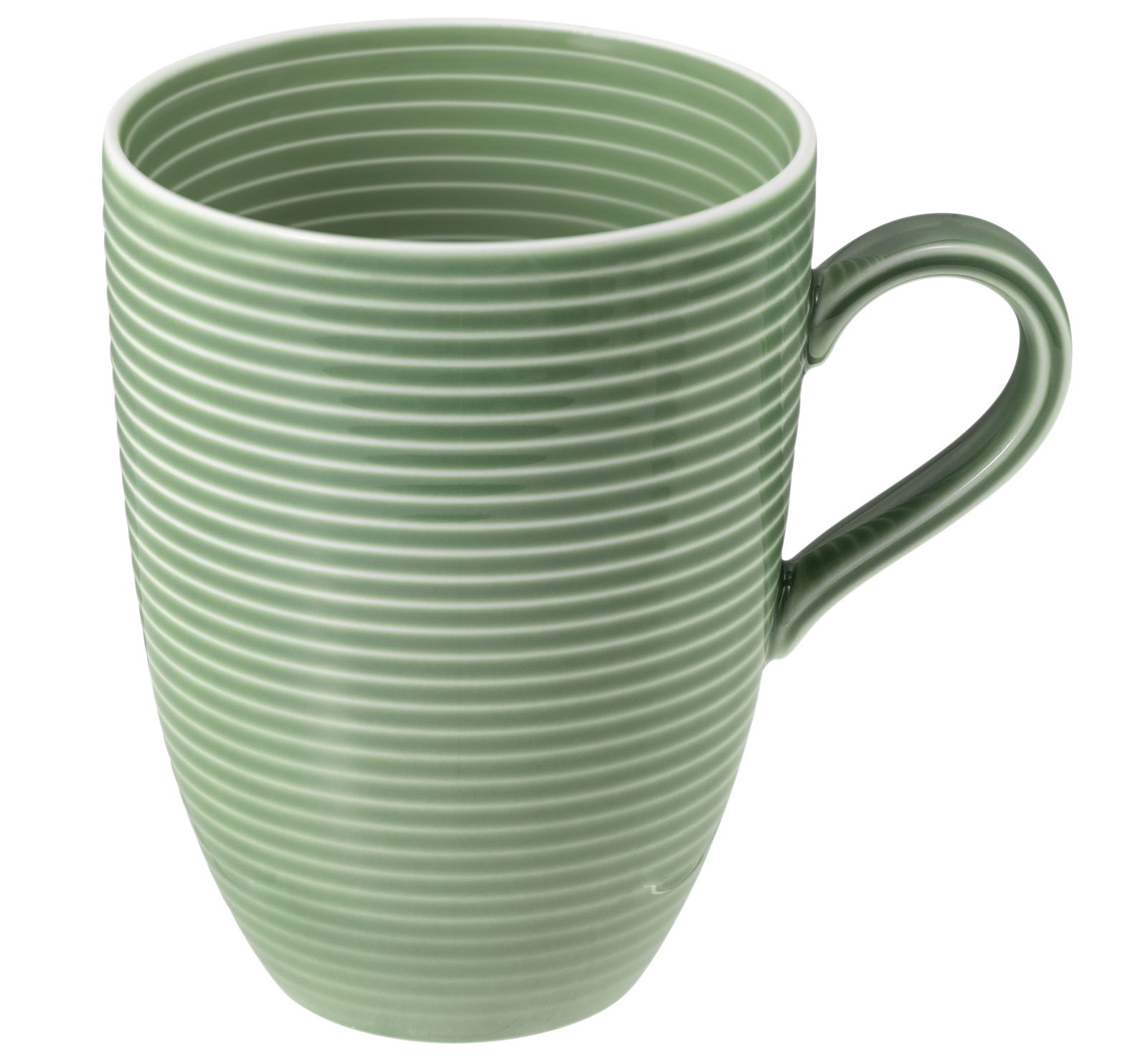 Grüner Becher mit Henkel, 0,35l, mit horizontalen Rillen, seitliche Perspektive