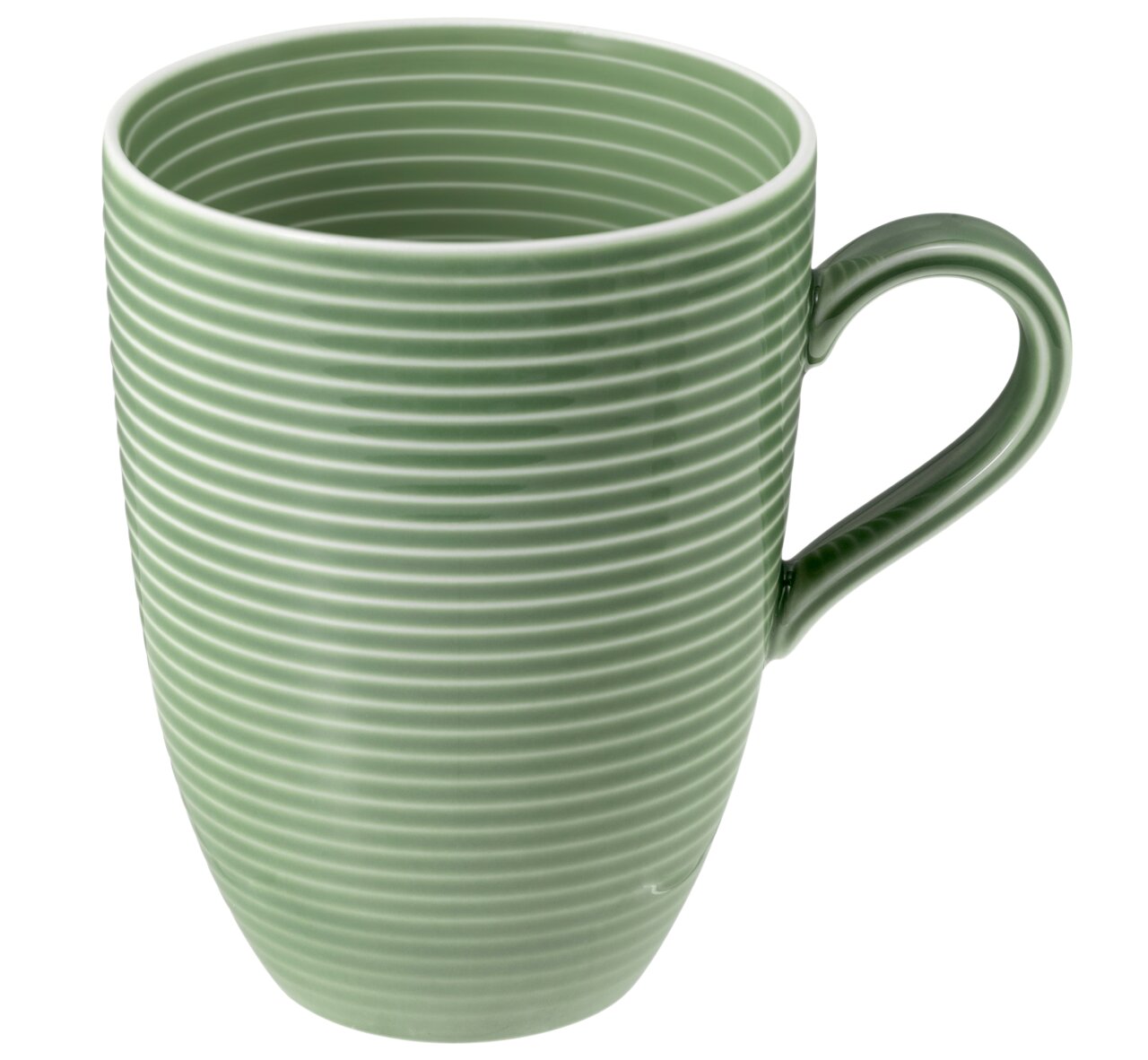 Grüner Becher mit Henkel, 0,35l, mit horizontalen Rillen, seitliche Perspektive