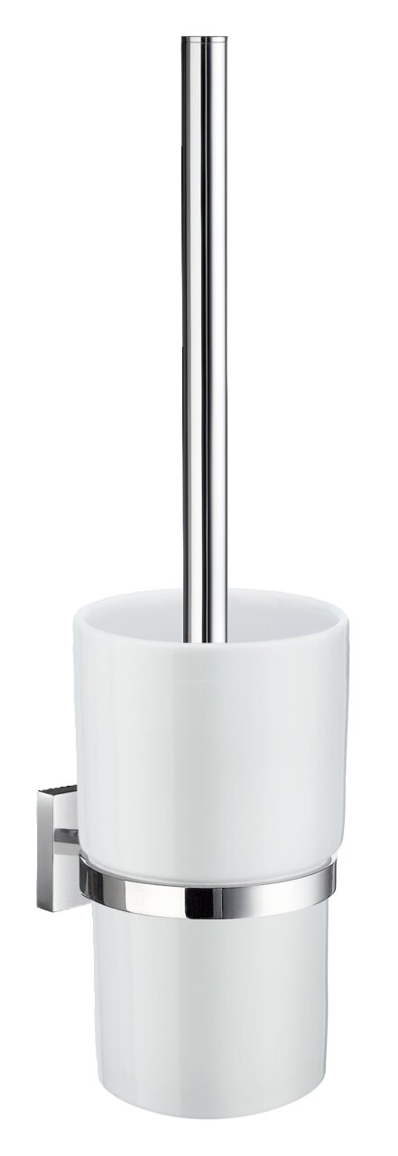 Smedbo WC-Bürste mit Behälter HOUSE WC-Bürste mit Behälter aus weißem Keramik und verchromtem Griff, seitliche Perspektive