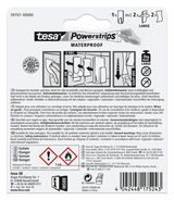 Rückseite der Verpackung von tesa Powerstrips Waterproof, zeigt Anweisungen zur Anwendung und Sicherheitsinformationen.