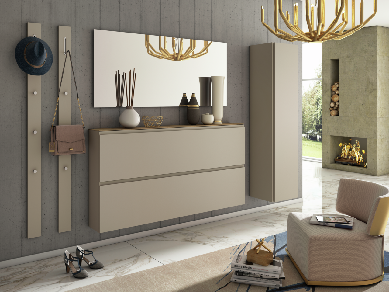 Moderano XL-Hängeschuhschrank LECCO Moderne Garderobeneinrichtung mit Spiegel, Hängeschuhschrank und Hakenleiste in einem stilvollen Raum mit Kamin, aus der Perspektive von vorne betrachtet.