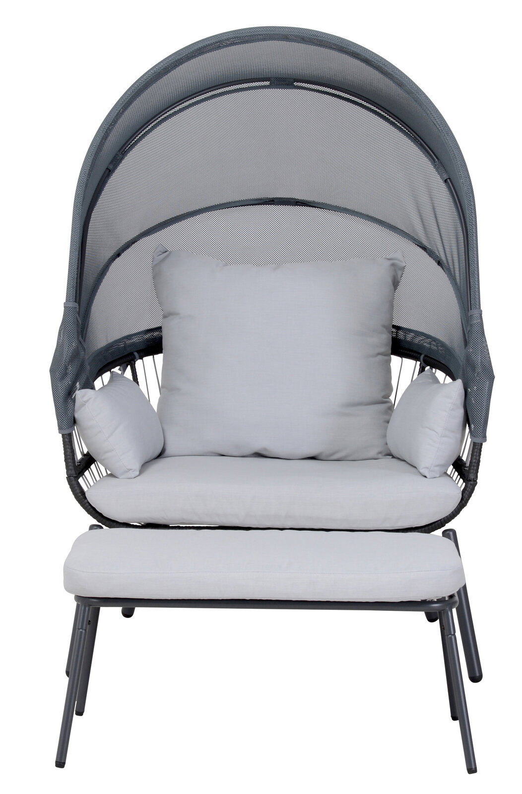 Frontale Ansicht eines modernen Loungesessels mit grauen Kissen und einem schützenden Baldachin.
