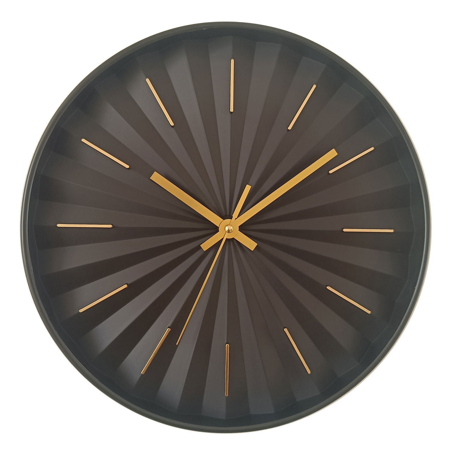 Moderne Wanduhr mit schwarzem Zifferblatt und goldenen Zeigern, frontal abgebildet