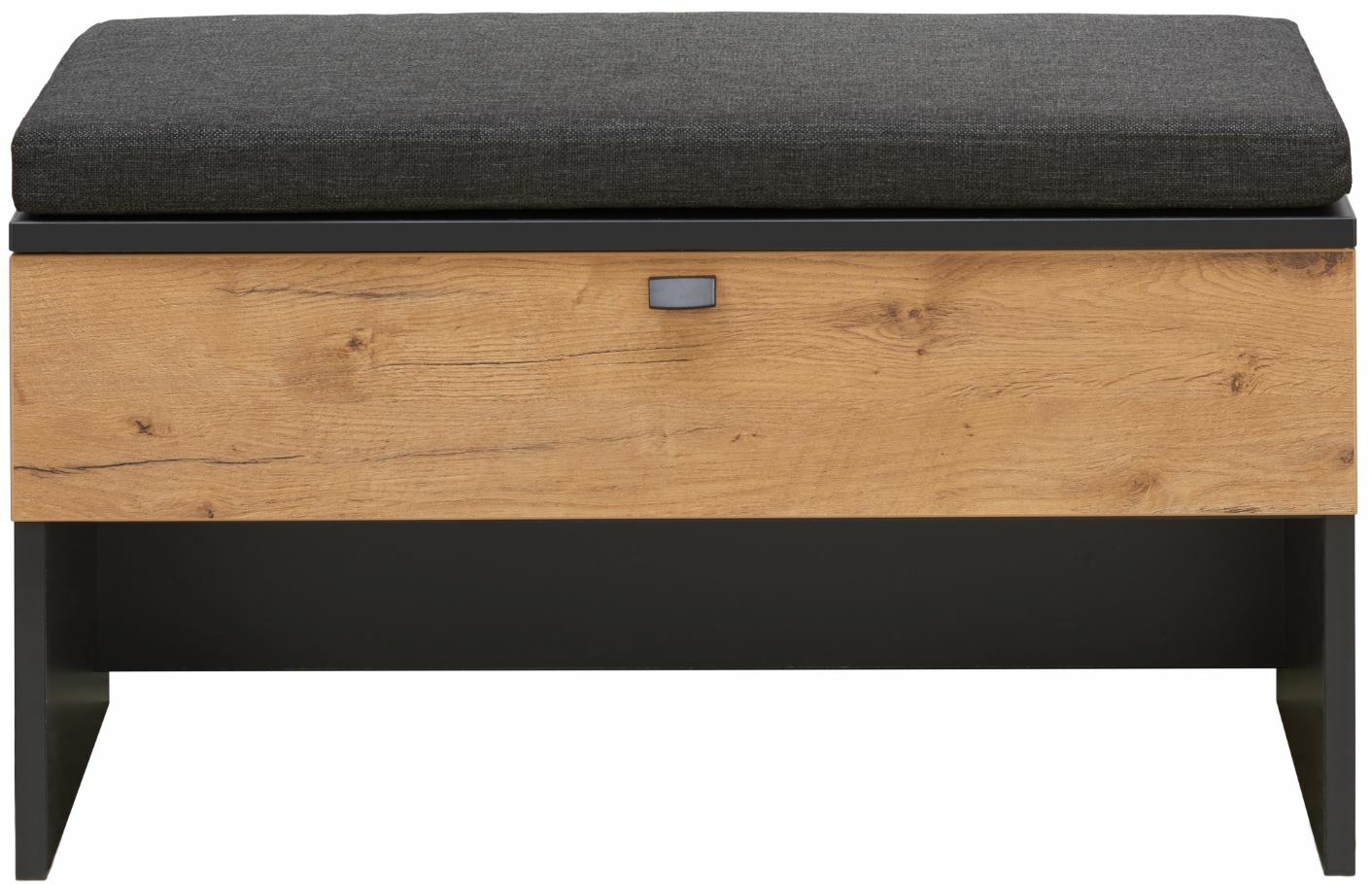 Frontansicht eines Sitzkissens auf einer Holzbank mit schwarzem Gestell