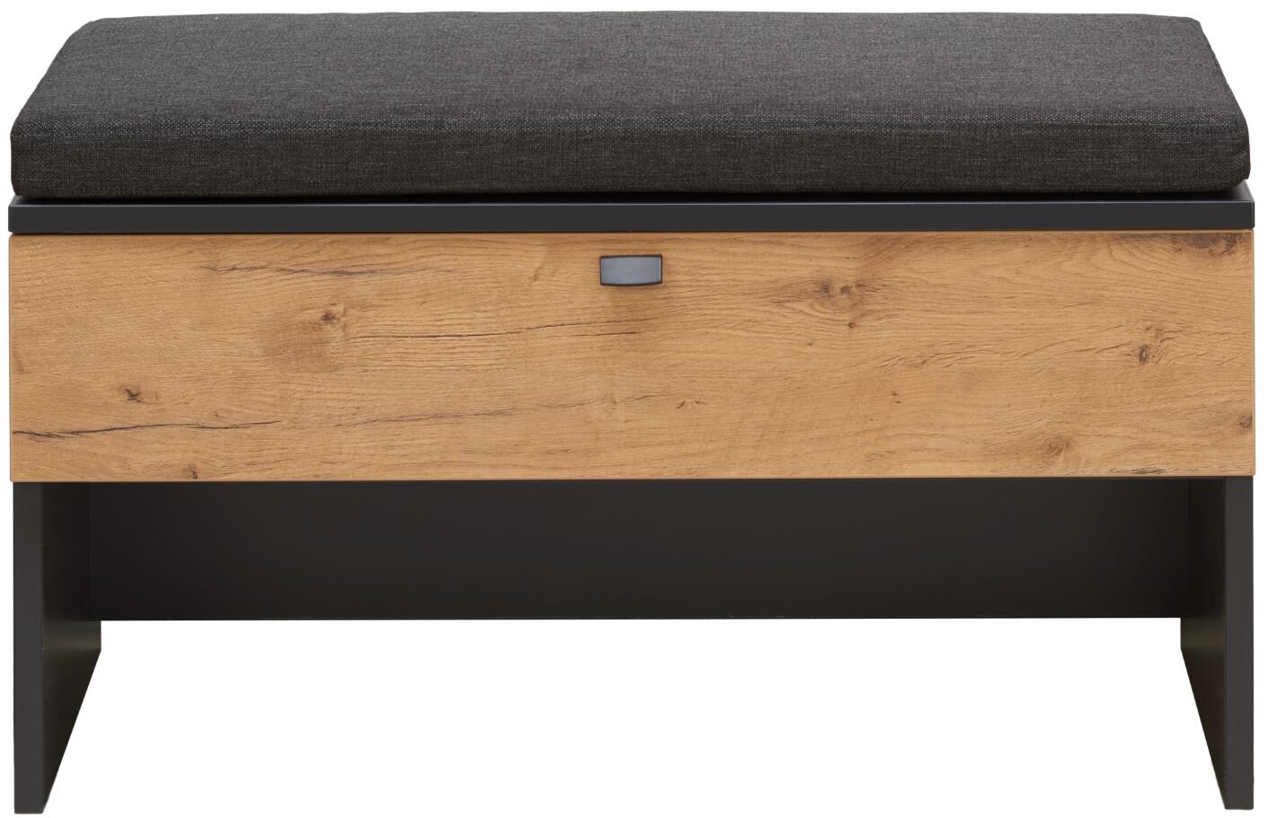 Frontansicht eines Sitzkissens auf einer Holzbank mit schwarzem Gestell