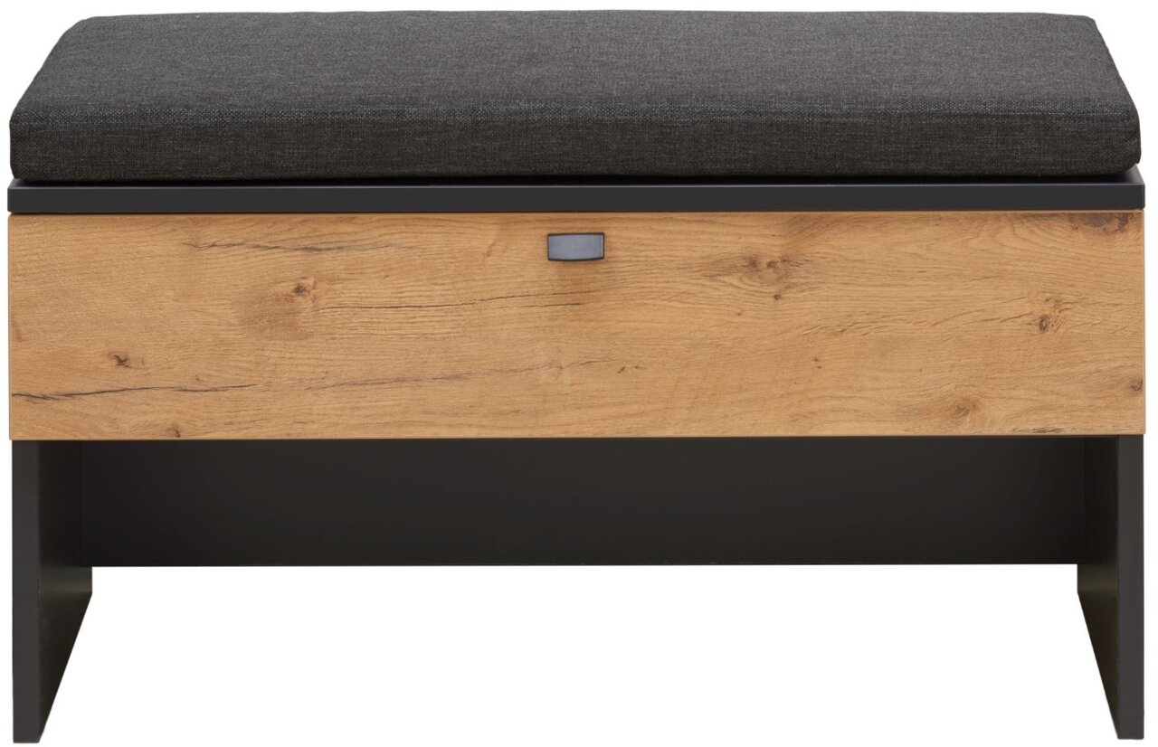 Frontansicht eines Sitzkissens auf einer Holzbank mit schwarzem Gestell