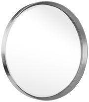 Runder Spiegel mit einem Durchmesser von ca. 73 cm, silberner Rahmen, seitliche Perspektive