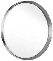 Runder Spiegel mit einem Durchmesser von ca. 73 cm, silberner Rahmen, seitliche Perspektive