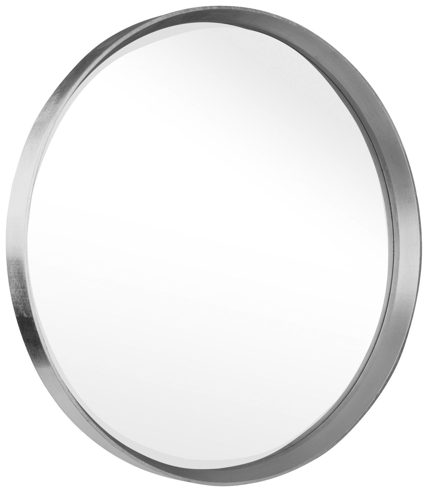 Runder Spiegel mit einem Durchmesser von ca. 73 cm, silberner Rahmen, seitliche Perspektive