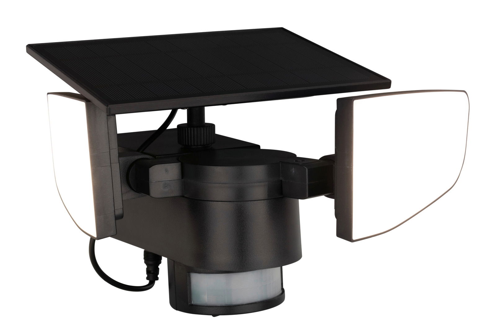 Solar-LED-Außenleuchte mit zwei verstellbaren Leuchtflächen und Solarpanel, seitliche Perspektive
