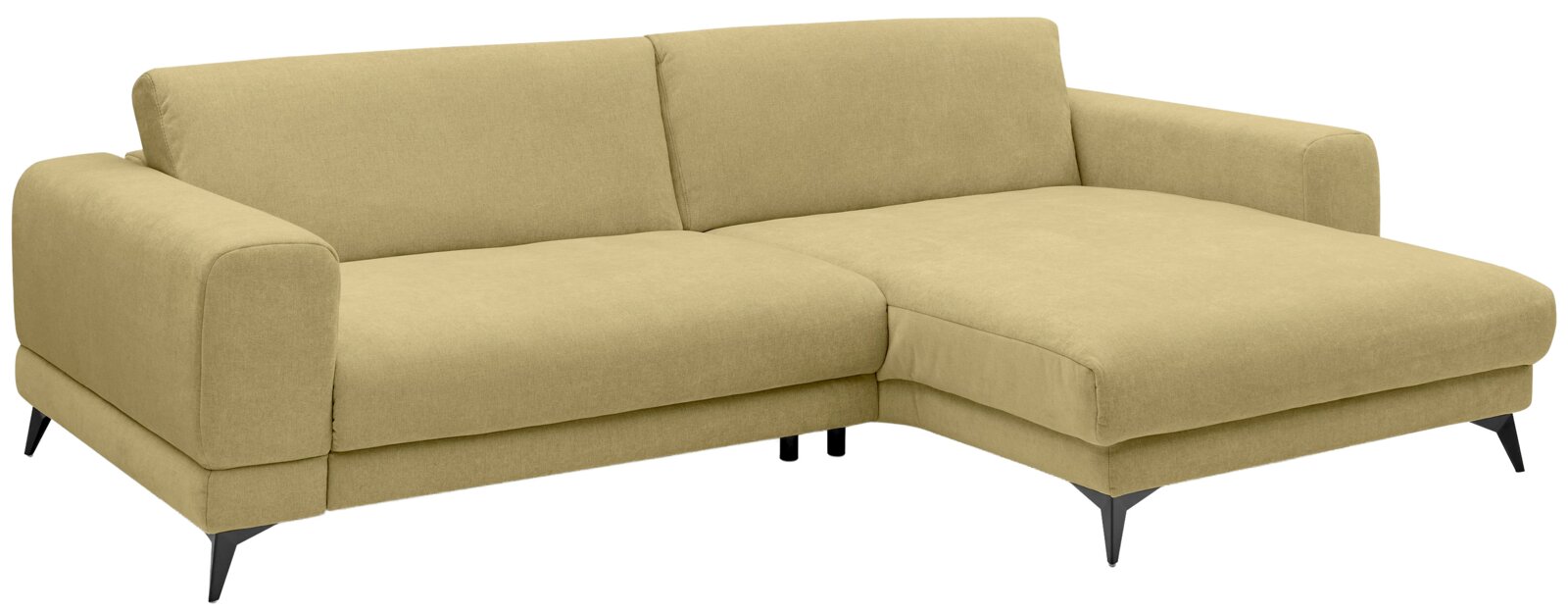Set one by Musterring Ecksofa SET ONE MIDLAND Beiges L-förmiges Ecksofa mit Recamiere rechts, Stoffbezug und schwarzen Metallfüßen, freigestellt vor weißem Hintergrund, in schräger Frontansicht von links.