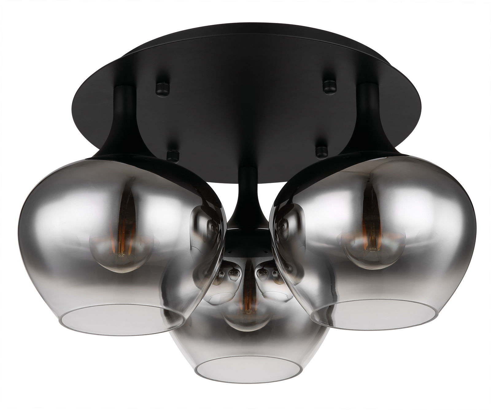 Moderne Deckenleuchte MAXY mit drei rauchgrauen Glaskugeln, Ansicht von unten